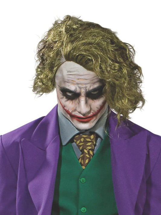 DC Comics Joker adult costume set with wig and makeup, perfect for Halloween dress-up.