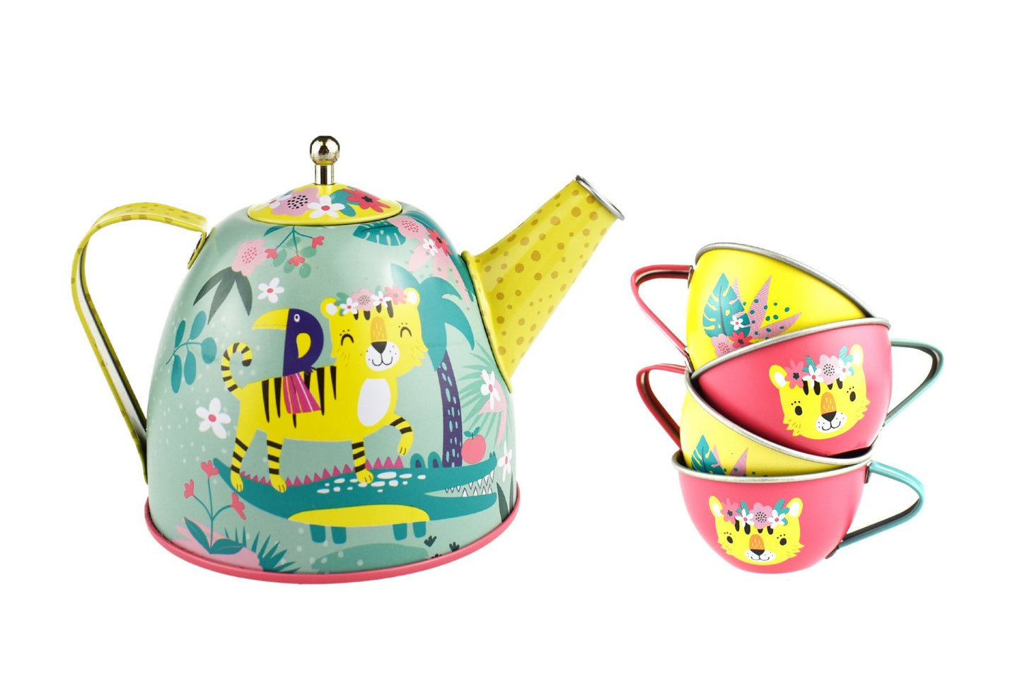 18-piece Tiger Tin Tea Set in Picnic Basket, ideal for imaginative playtime. 18-piece Tiger Tin Tea Set in Picnic Basket, ideal for imaginative playtime.