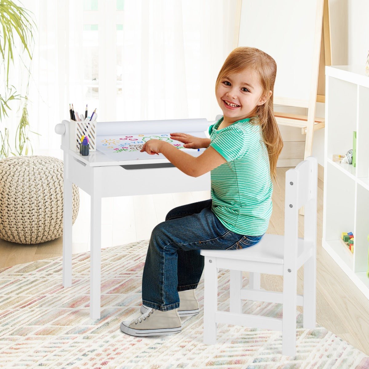 Children's Craft Desk & Chair Set: Paper Roll Holder for Skill Development
