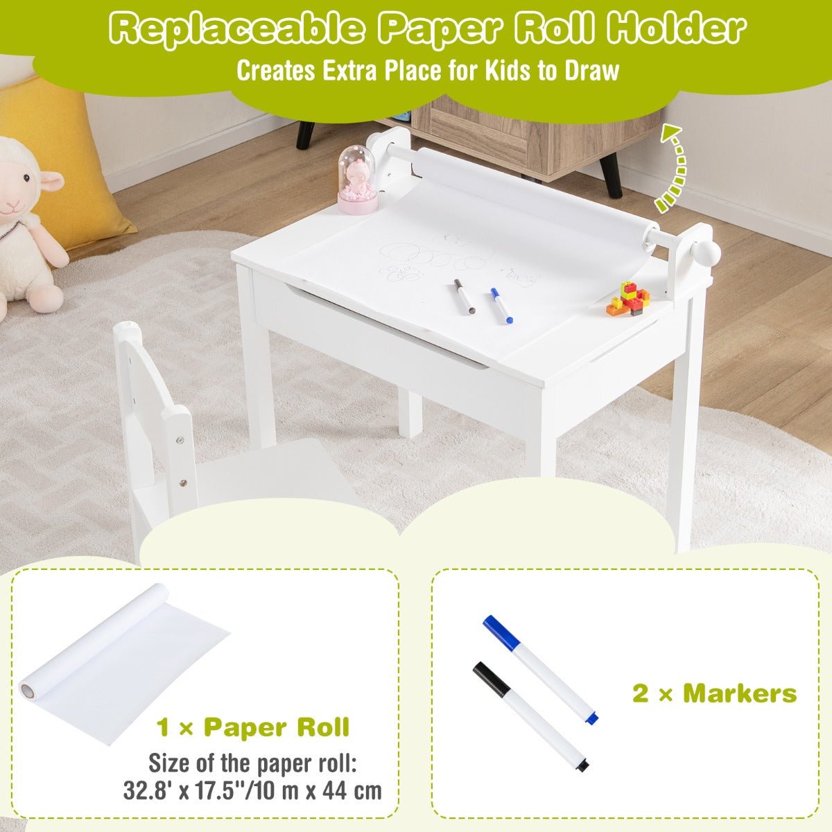 Children's Study Desk & Chair: Paper Roll Holder for Drawing & Studying