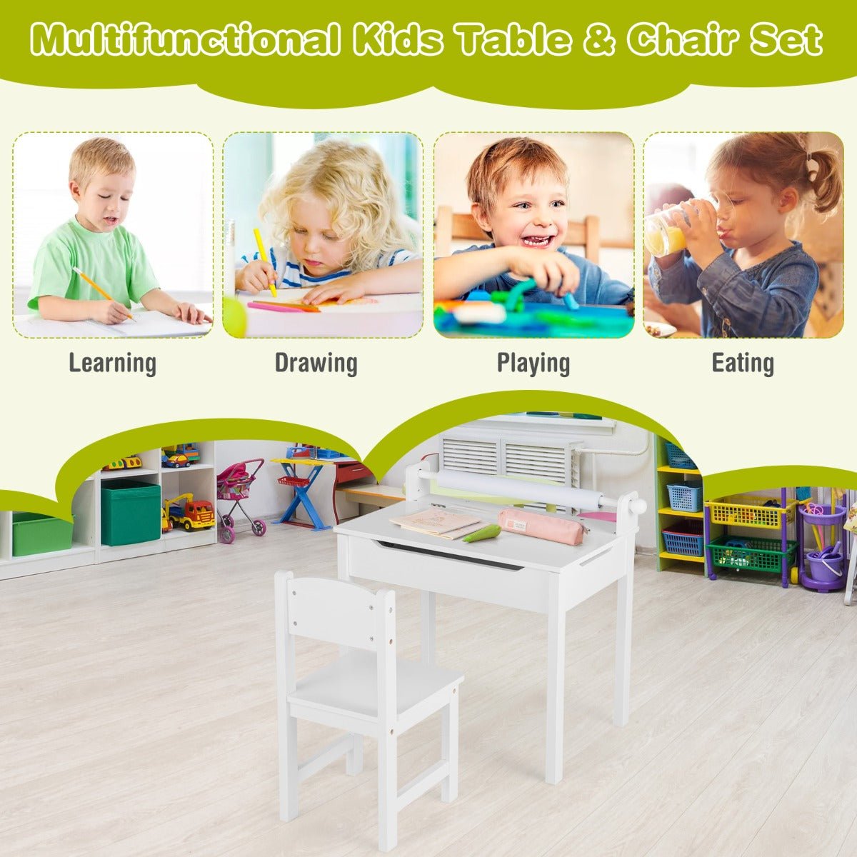 Children's Learning Space: Table & Chair Set with Paper Roll Holder