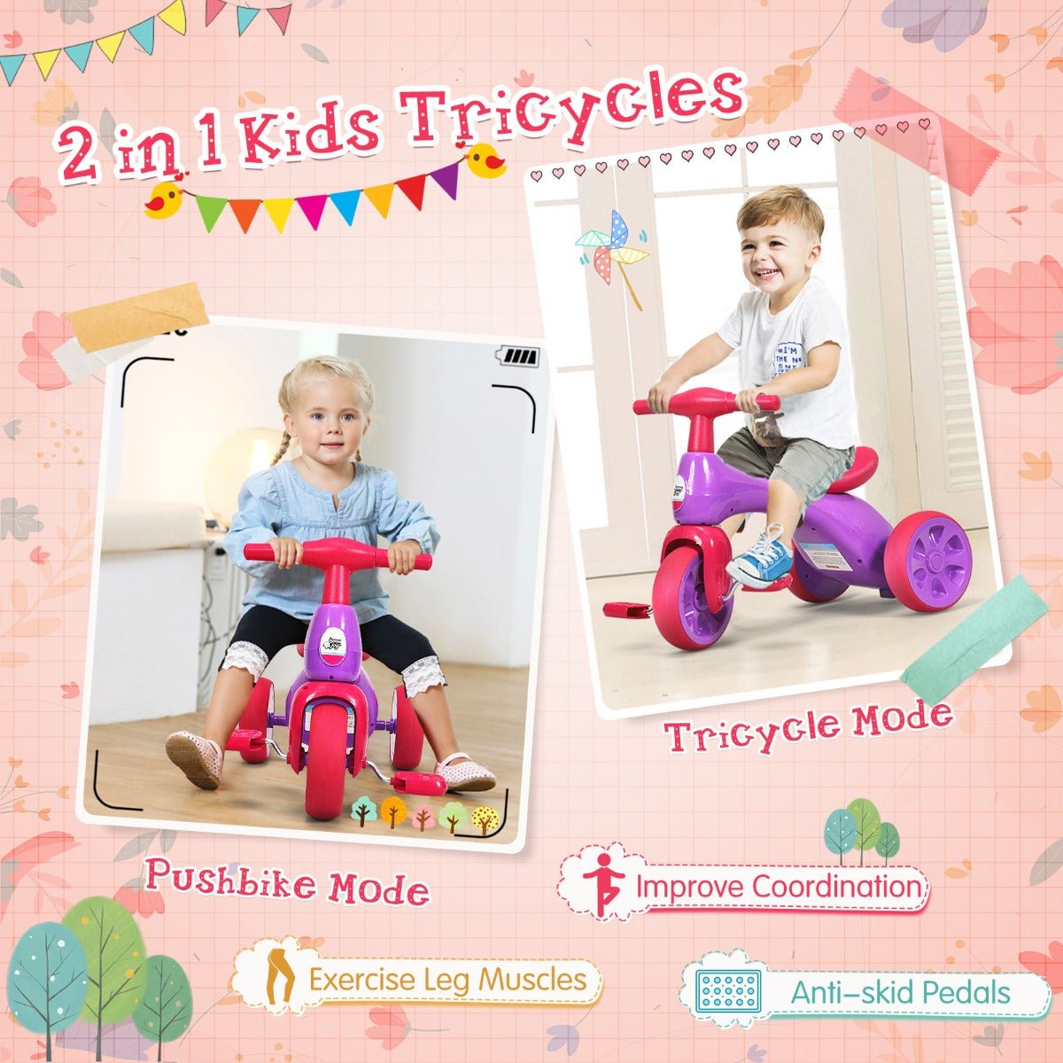 Pedal-Powered Fun: Pink Toddler Tricycle with Foot Pedals for Kids