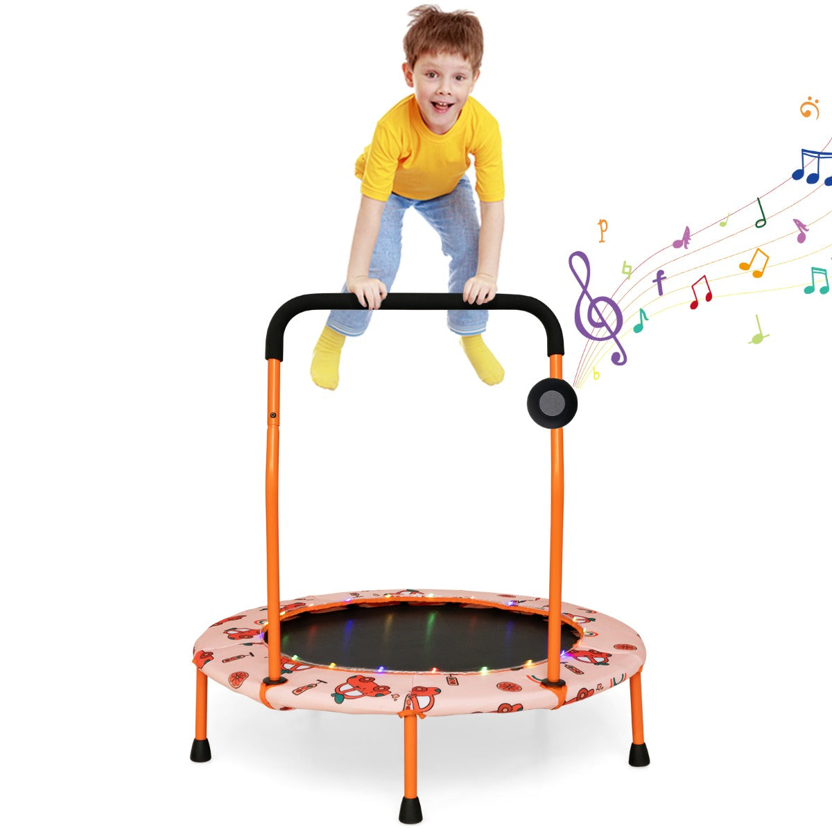 Kids LED Musical Trampoline with Bluetooth Speaker - Interactive, fun backyard play for children.