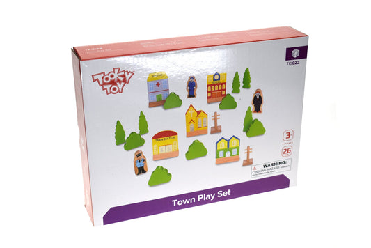 Kids town play set with colorful buildings and vehicles for imaginative play at home.