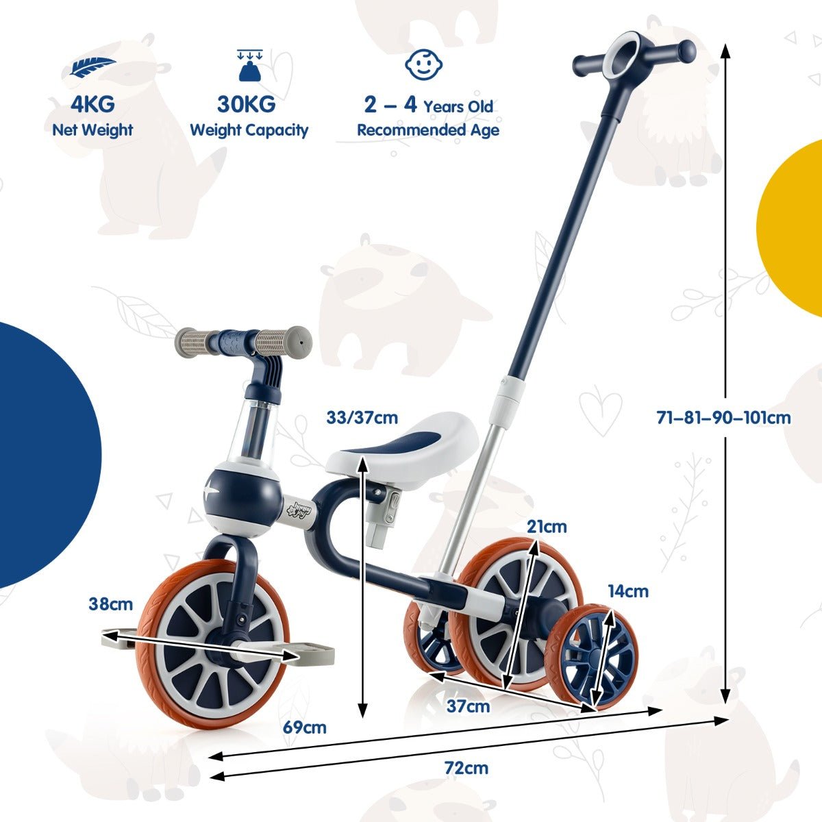 Navy Blue 4-in-1 Trike Bike for Kids - Adjustable Parent Push Handle