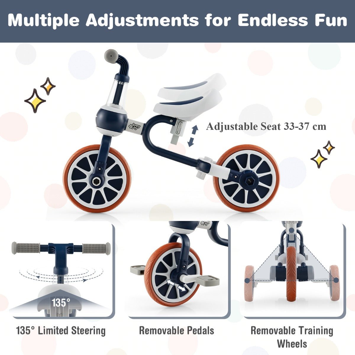 Adjustable Push Handle Kids Trike Bike - Navy Blue 4-in-1