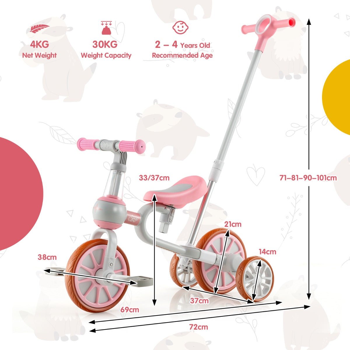Pink Kids Trike Bike - 4-in-1 with Parent Push Handle, Ages 2-4