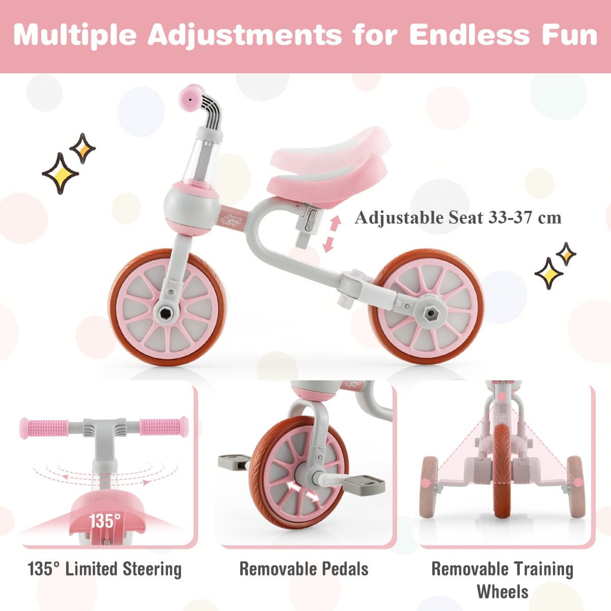 4-in-1 Pink Trike Bike for Kids - Adjustable Push Handle, Ages 2-4
