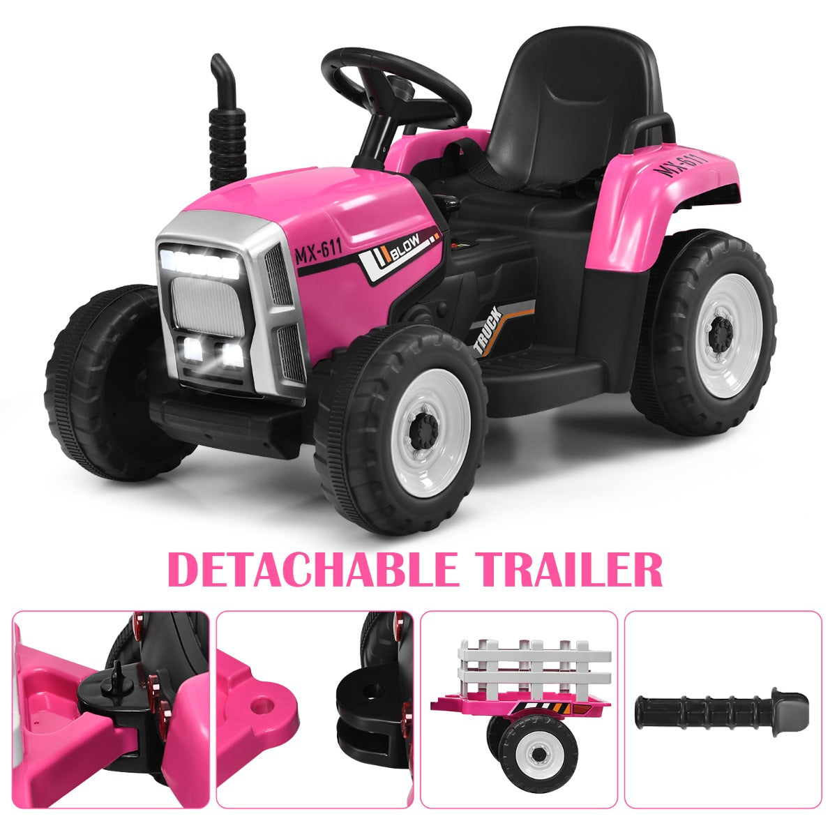 Kids electric ride-on tractor with trailer and remote control for fun playtime adventures.