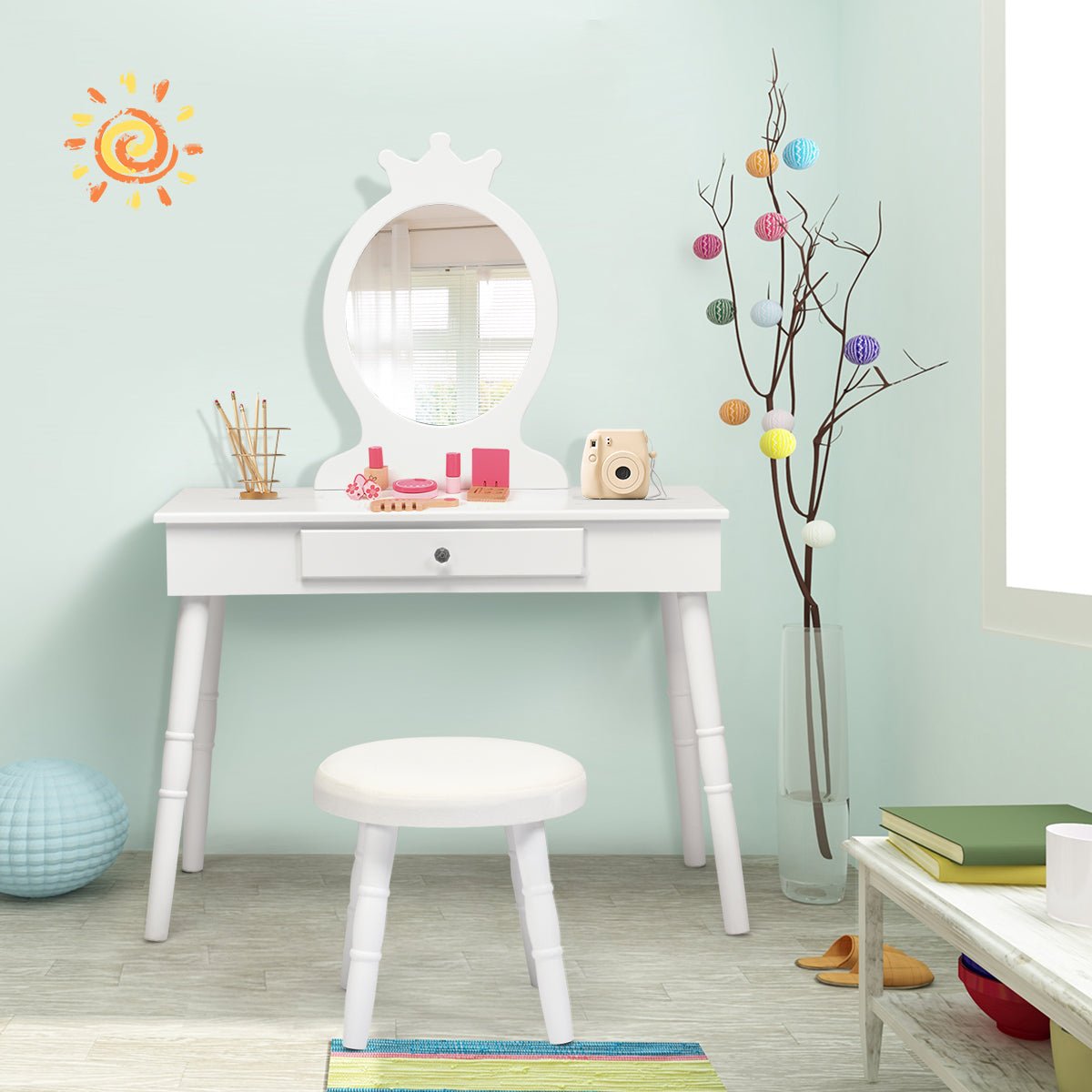 Enchanting Vanity Makeup Table Set for Kids - Real Mirror Included