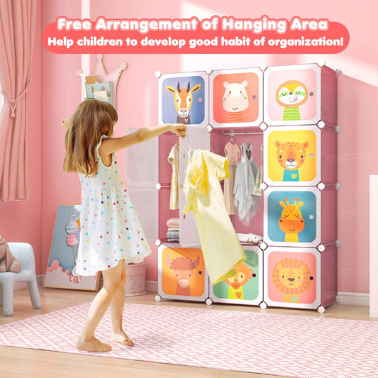 Kids 12-cube wardrobe in pink with animal design, includes doors and rods for storage.