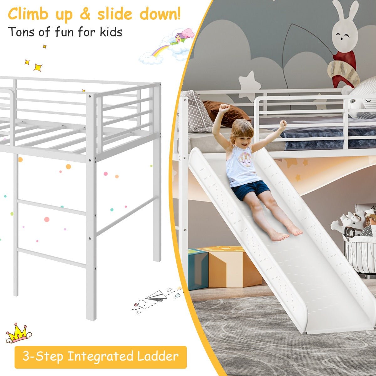 White metal loft bed with slide for kids, creating a fun and safe sleep space.