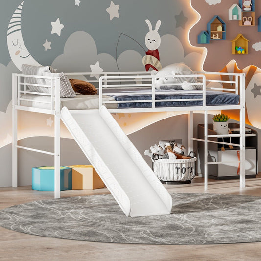 White metal loft bed with slide for kids, creating a fun and safe sleep space.