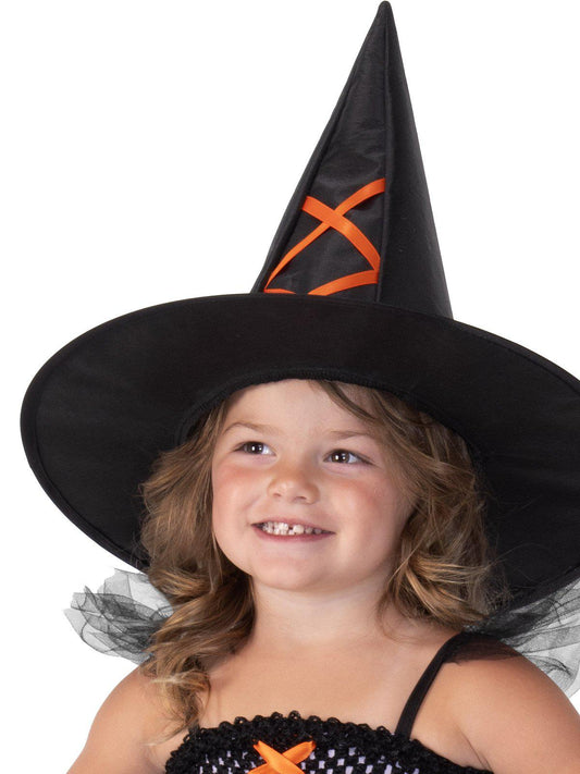 Kids witch costume in purple and orange with tutu dress, perfect for imaginative play at home.