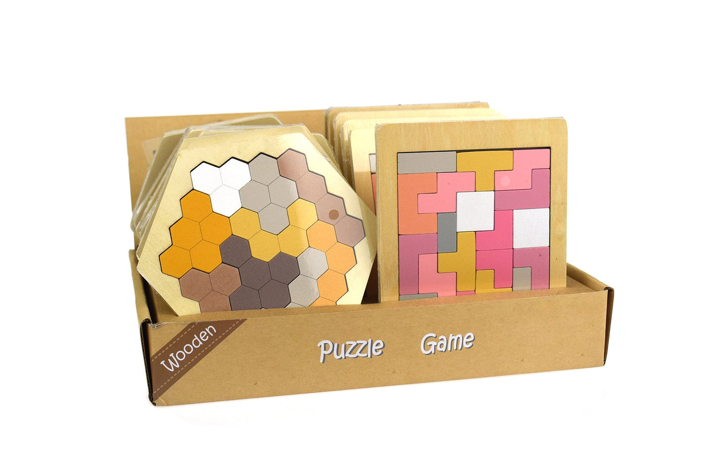 Kids wooden hexagon and pentomino puzzle for educational play and cognitive skill development.