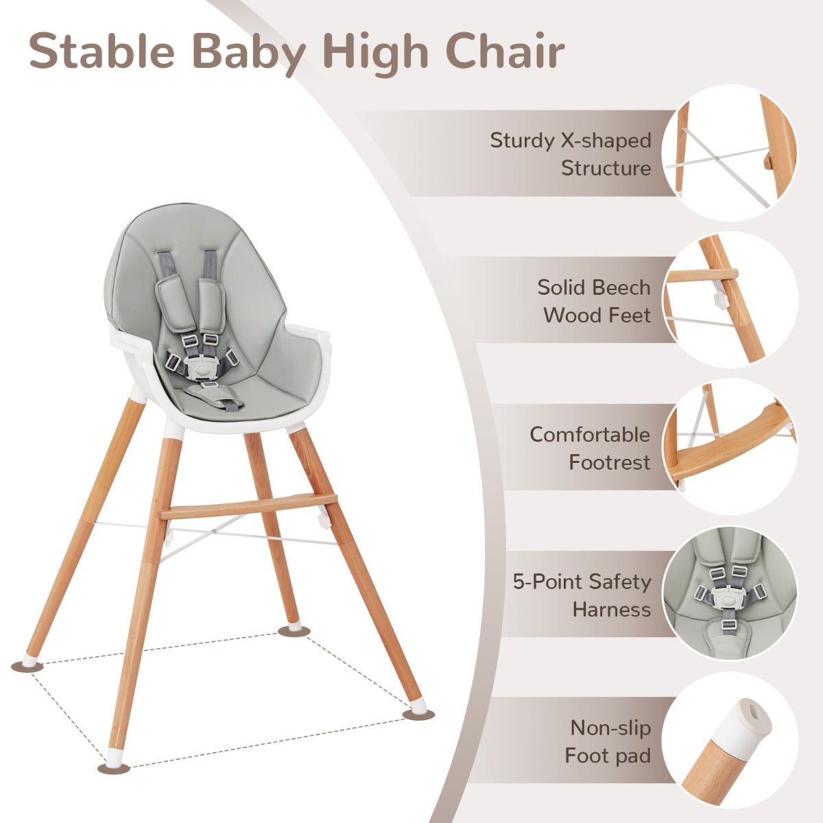 Wooden High Chair Grey Overview