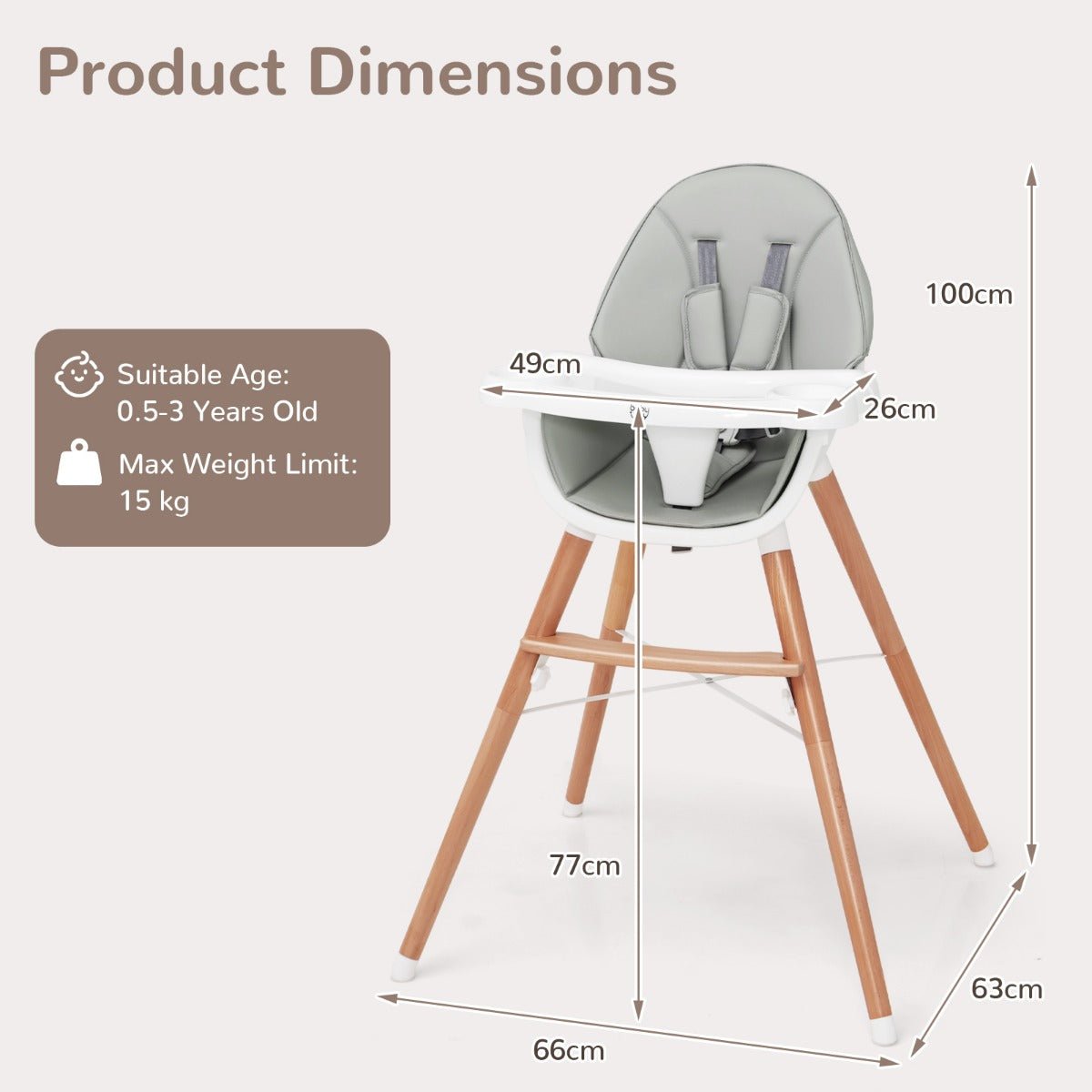 Wooden High Chair with Double 4-Gear Tray for Babies Grey