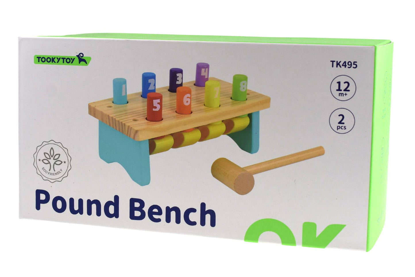Wooden knock bench with 8 colorful pins for interactive, hands-on play and learning. Wooden knock bench with 8 colorful pins for interactive, hands-on play and learning.