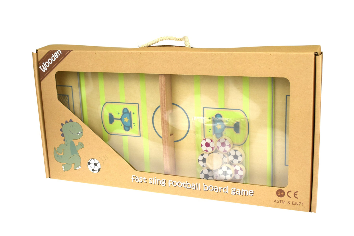 Wooden sling soccer game for kids home play, promoting hand-eye coordination and fun. Wooden sling soccer game for kids home play, promoting hand-eye coordination and fun.