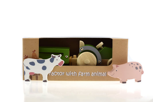 Wooden tractor toy with farm animal figures, ideal for imaginative play at home.
