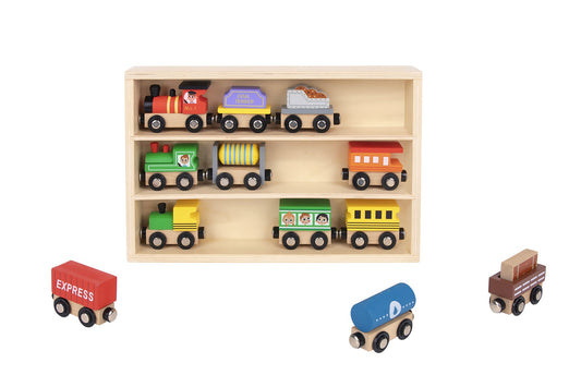 Colorful wooden train set for imaginative play, perfect for kids entertainment at home.
