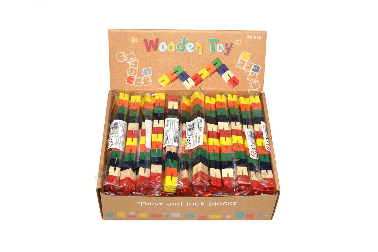 Colorful twist and lock wooden blocks for kids creativity and learning at home playtime.