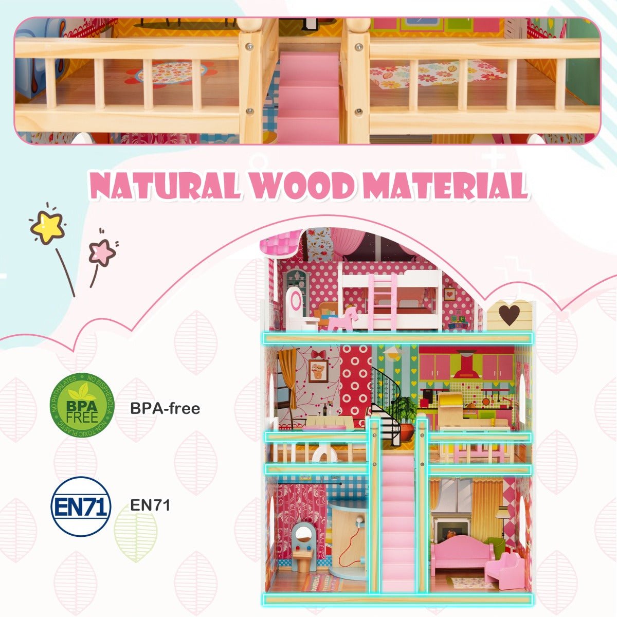 Wooden 3-Story Dollhouse with Furniture Set - Imaginative playhouse for kids dream home. Wooden 3-Story Dollhouse with Furniture Set - Imaginative playhouse for kids dream home.