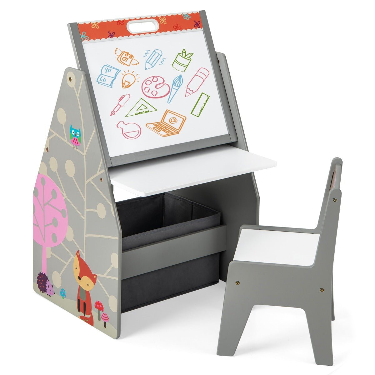 Woodland Animal Themed Grey Art Easel with Chair for Kids - Kids Mega Mart