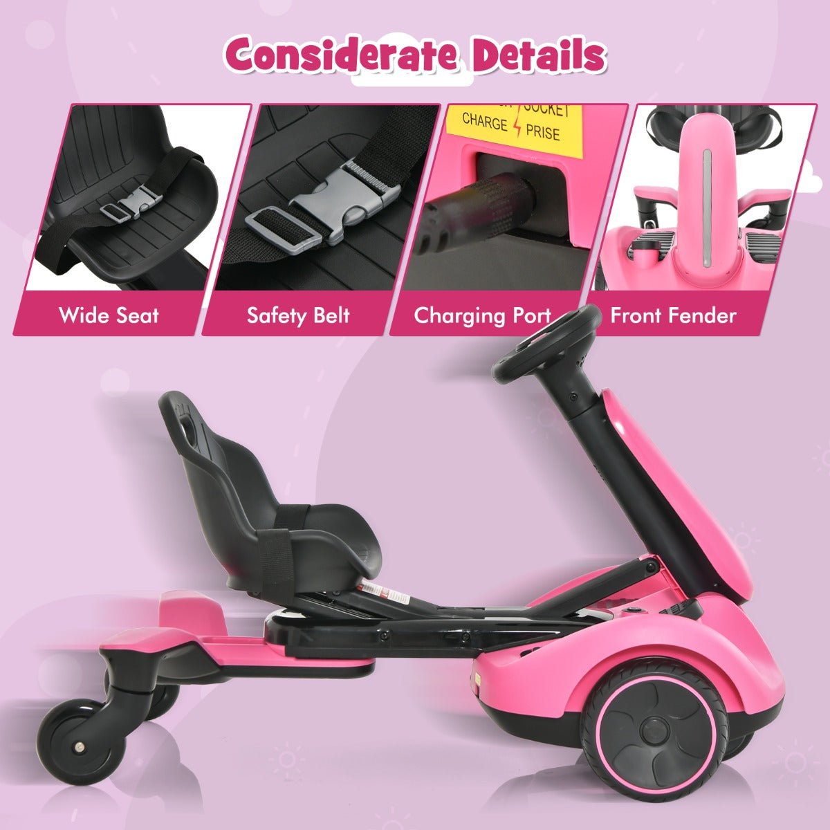 Electric pink Zoomy Drift Racer for kids 3-8 years - perfect indoor ride-on car