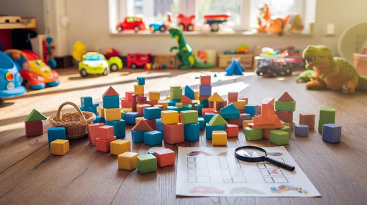 Play Building Block Scavenger Hunt with Colorful building blocks scattered with a magnifying glass, basket, checklist, and vibrant toys by a sunny window.