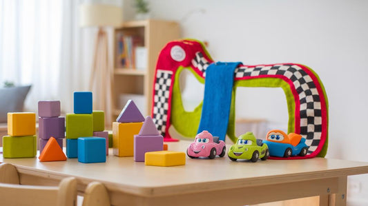 A variety of colorful shape blocks mixed together, ready for sorting in the Shape Sorter Race.