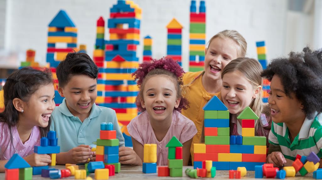 Children building tall towers with blocks during a Tower Building Challenge.