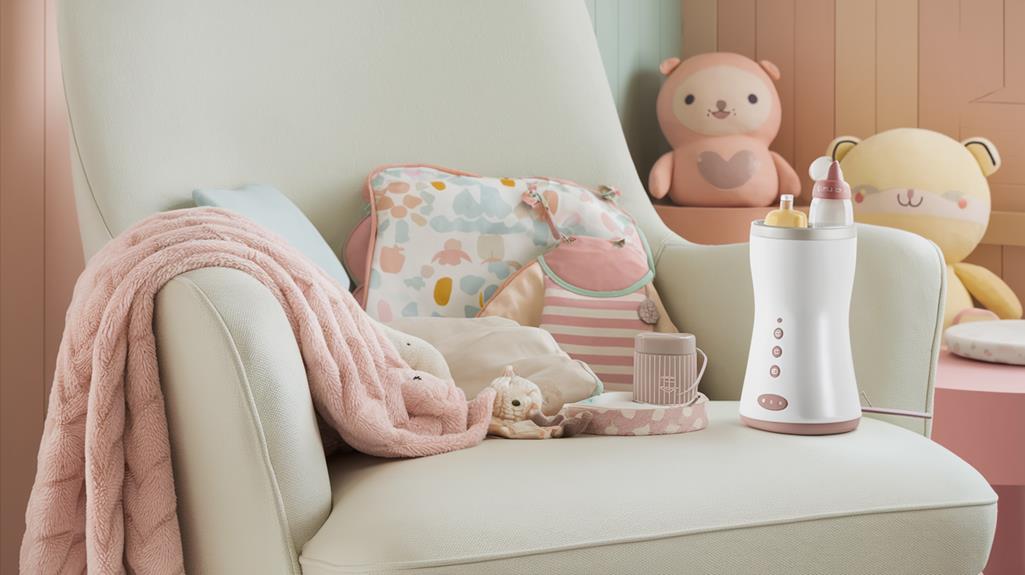 Essentials for newborns in a pastel coloured nursery with a comfy feeding nook, rocking rocker, plush blanket, colourful bibs.