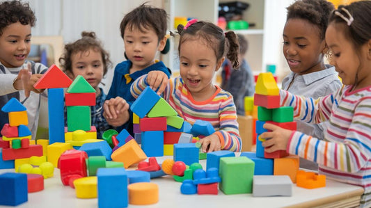 How to Play Building Block Show and Tell. Children of diverse backgrounds explore colorful foam, wood, and plastic blocks in a vibrant playroom.