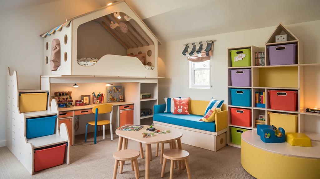 Smart Space Saving Kids Furniture. Bedroom with a Loft bed, study area, play table, stackable storage, convertible sofa in vibrant colours.