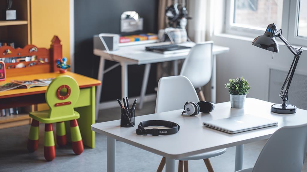 A study space with age-appropriate desks Fun-decorated children's desk, teen workstation, and adult setup