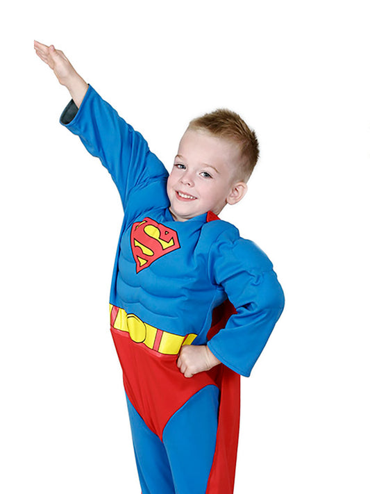 Batman Superman reversible kids costume, DC Comics official jumpsuit for imaginative play at home.