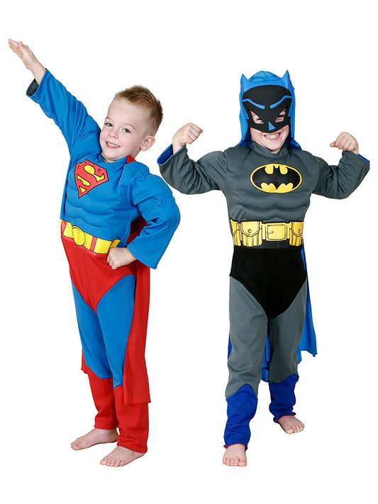 Kids reversible Batman Superman jumpsuit, perfect for imaginative play at home or parties.