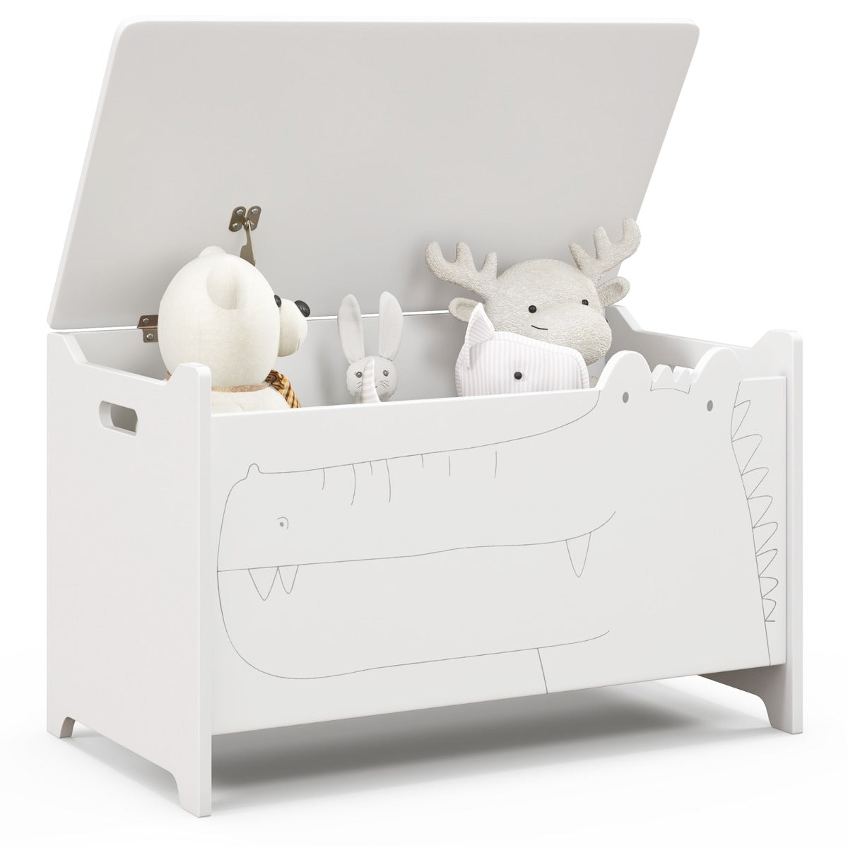 Kid-friendly toy storage box with hinged lid in white, featuring cute crocodile design.