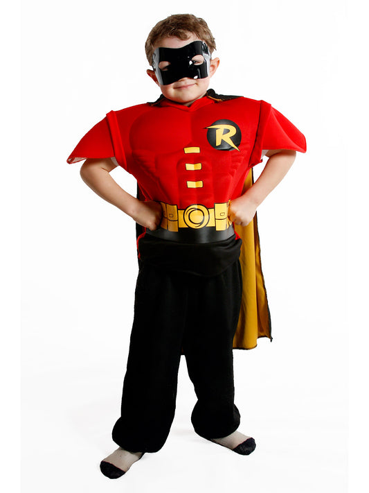 Kids Robin costume top with muscle chest, cape, and mask for playtime at home.