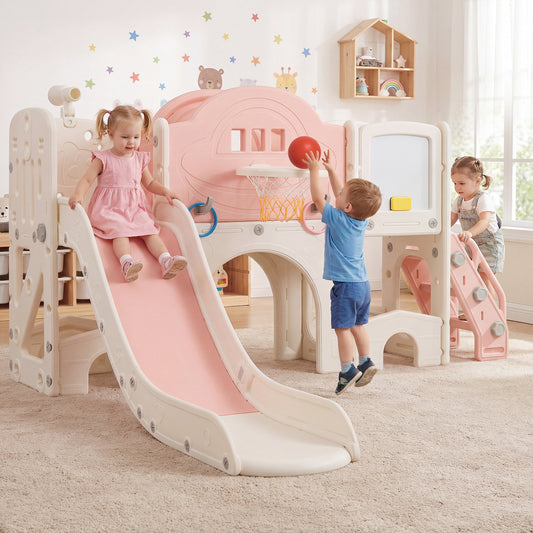 Costway 10 in 1 Toddler Slide Set with Magnetic Whiteboard and Telescope-Pink