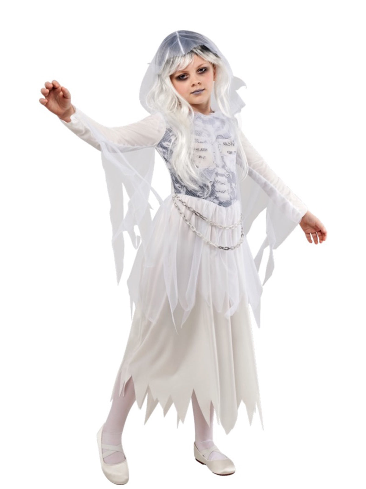 Kids Halloween costume featuring spooky ghostly girl design, perfect for ages 5-10 years.