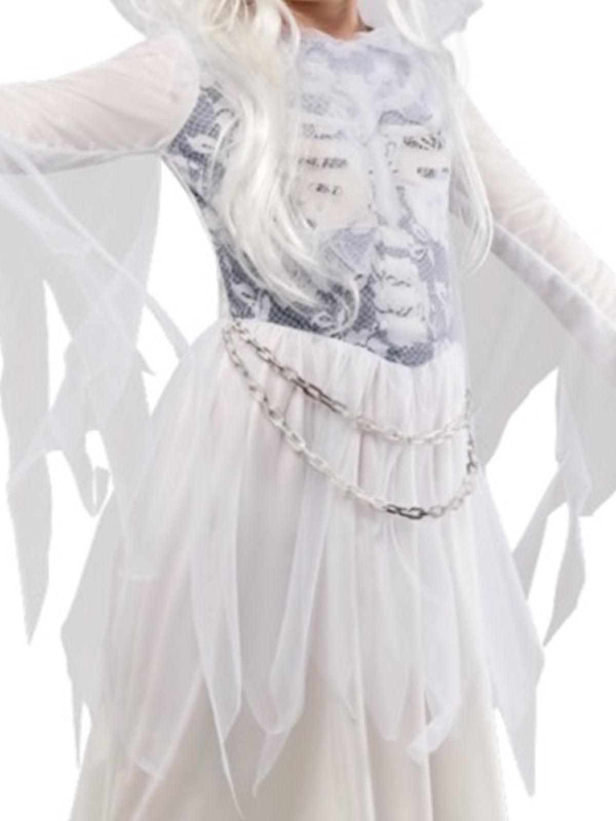 Kids Halloween costume featuring spooky ghostly girl design. Perfect for age 5-10 dress-up fun.