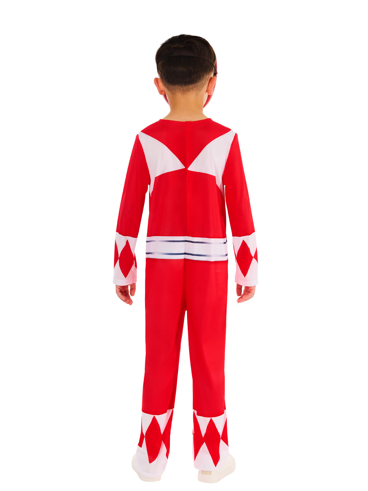 Red Power Ranger costume featuring full-body jumpsuit, iconic belt, and character mask for superhero transformation and play