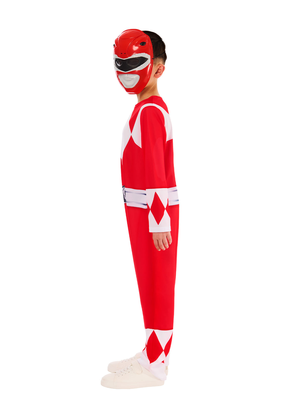 Red Power Ranger costume featuring full-body jumpsuit, detachable belt, and character mask for heroic role-play adventures