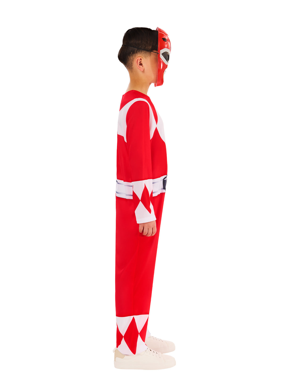 Red Power Ranger costume featuring full-body jumpsuit, detachable belt, and iconic mask for heroic transformations