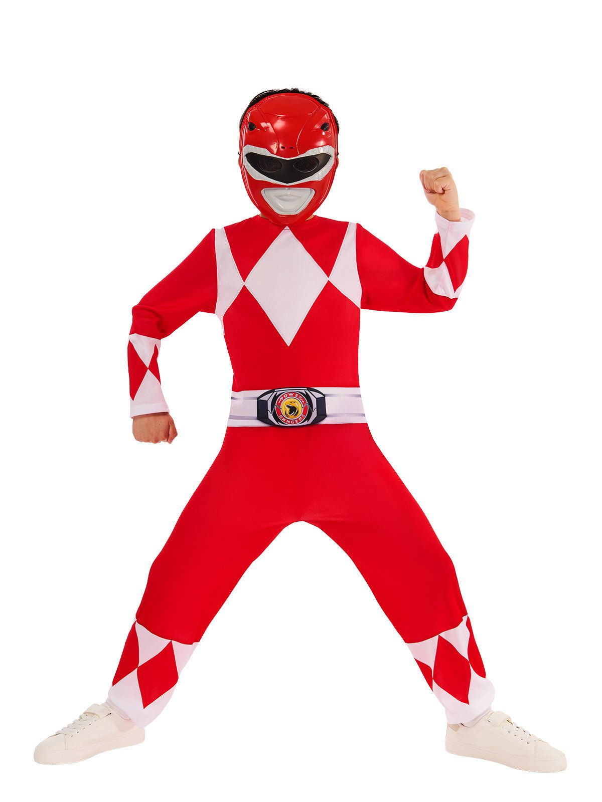 Red Power Ranger costume featuring full-body jumpsuit, belt, and character mask for action-packed superhero roleplay