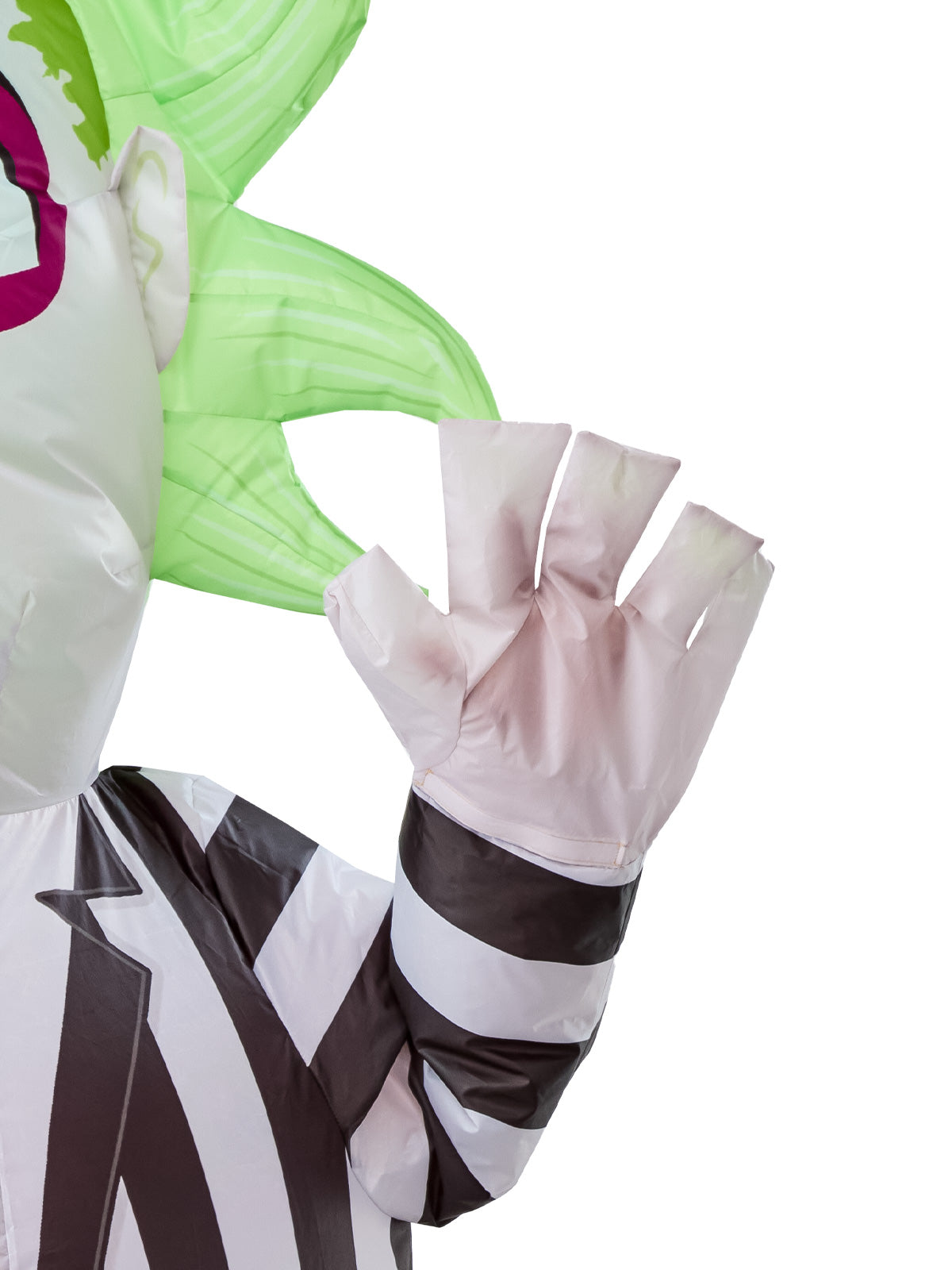 Inflatable Beetlejuice costume features a ghostly white suit, perfect for spooky Halloween parties and cosplay events.