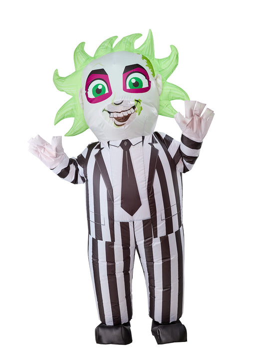 Inflatable Beetlejuice costume features a ghostly white suit, perfect for spooky Halloween parties and cosplay events.