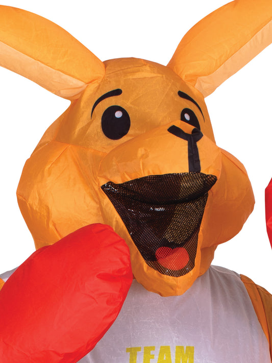 Adult inflatable boxing kangaroo costume with fan, perfect for fun dress-up events at home.